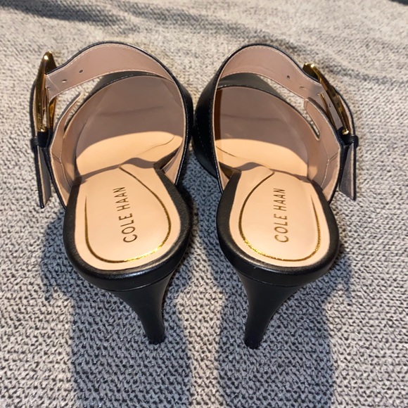 COLE HAAN Kitten Heel Mules with Gold Buckle - Picture 14 of 16